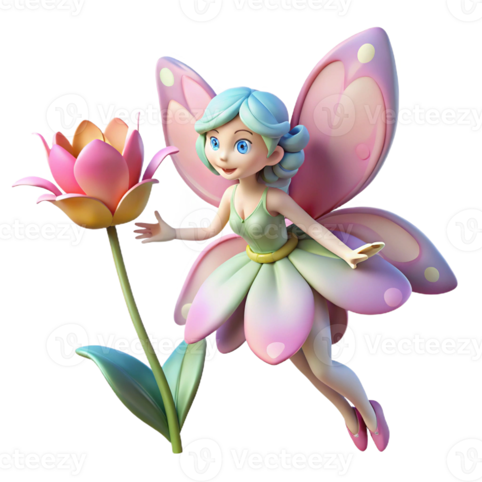 vibrant traditional A whimsical fairy with delicate, butterfly wings fluttering around a blooming flower. Dreamlike style, soft focus detailed png