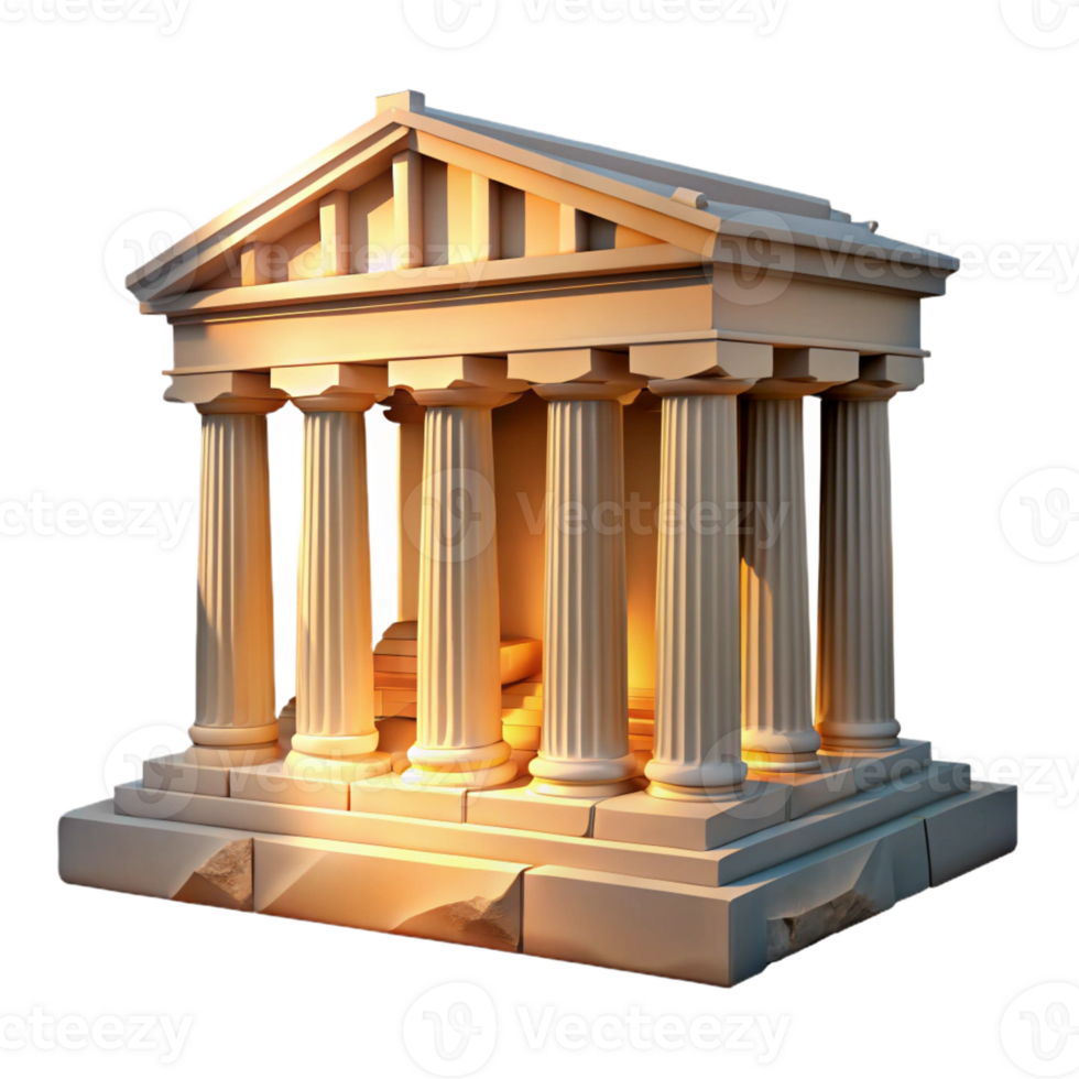 impressive minimalist An ancient Greek temple ruin with crumbling columns, soft golden sunset light, classical sculpture style authentic png