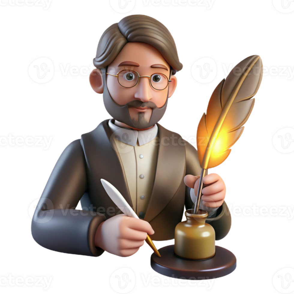 stunning abstract Portrait of a writer with a pensive expression, holding a quill pen, lit by the warm glow of a desk lamp, in a vintage, romantic style exclusive png