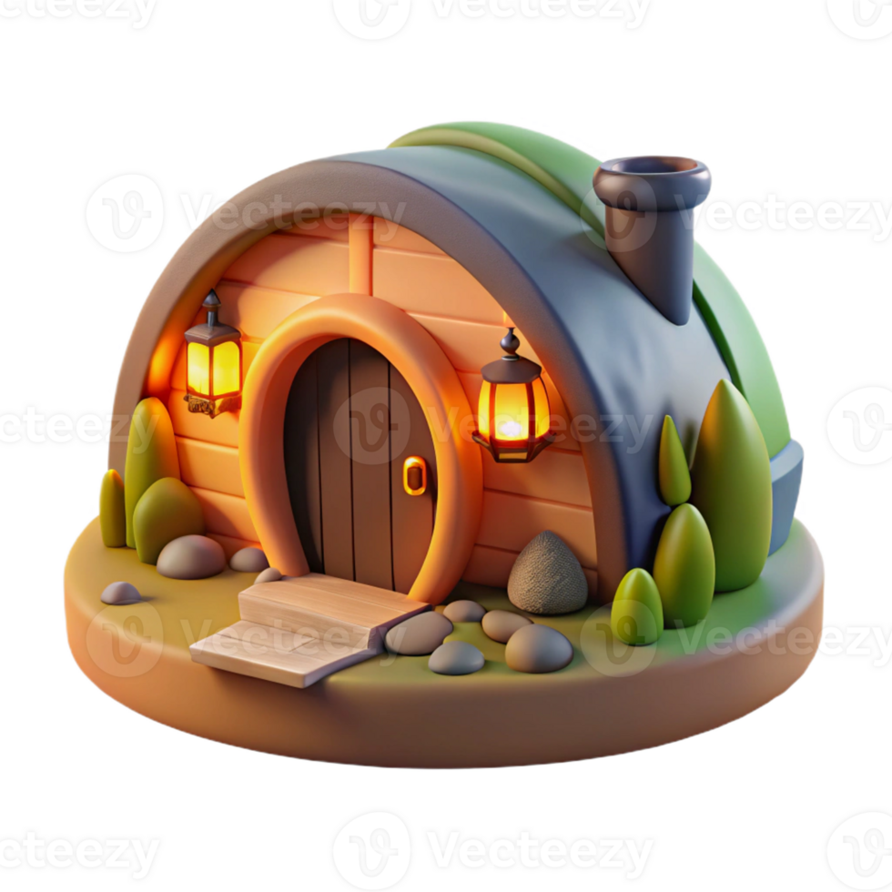 elegant contemporary A cozy hobbit hole nestled into a hillside, warm firelight from within, children's book illustration style 4K png