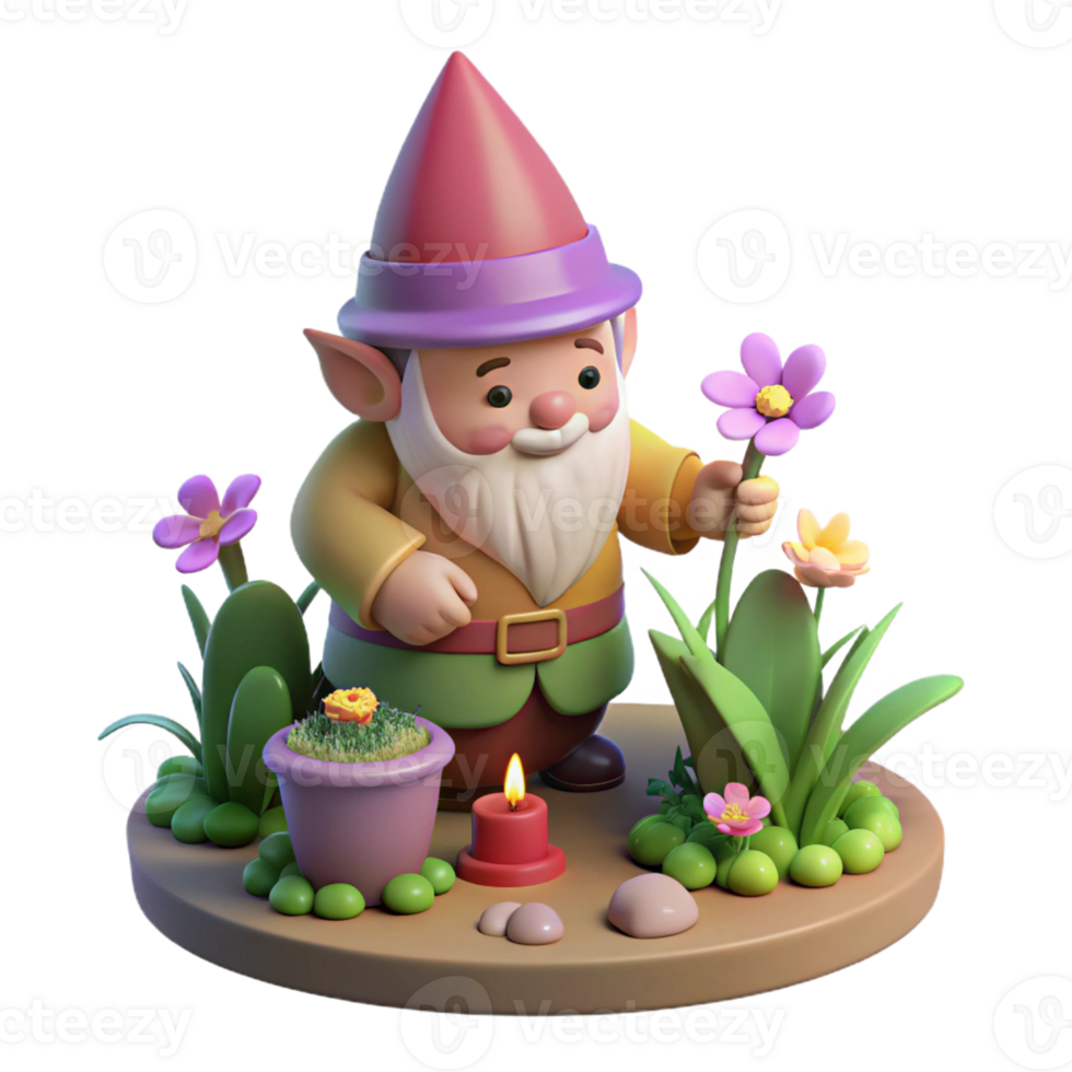 beautiful artistic A whimsical gnome with a pointed hat and rosy cheeks, tending to a miniature garden filled with glowing flowers. Warm, inviting lighting. Storybook style 4K png
