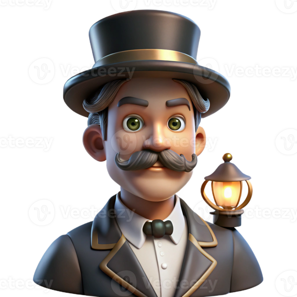 vibrant abstract Portrait of a man with a handlebar mustache and top hat, lit by a gaslight, in a steampunk style exclusive png