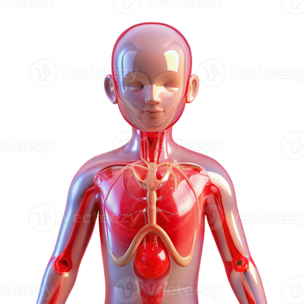 impressive minimalist A transparent human body with visible circulatory system, pulsating red, medical illustration style high quality png