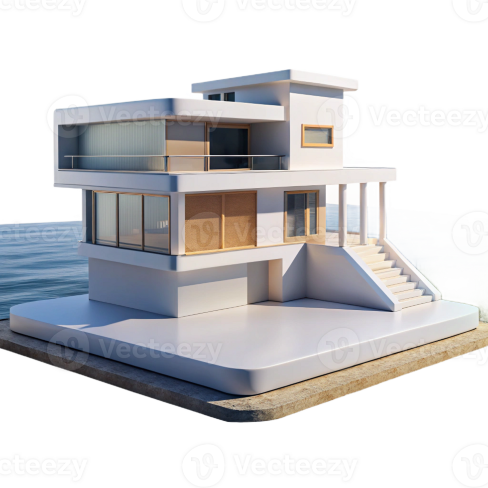 extraordinary modern Modernist house, minimalist white concrete structure, panoramic ocean view, clear midday lighting, highly detailed, Bauhaus style high quality png