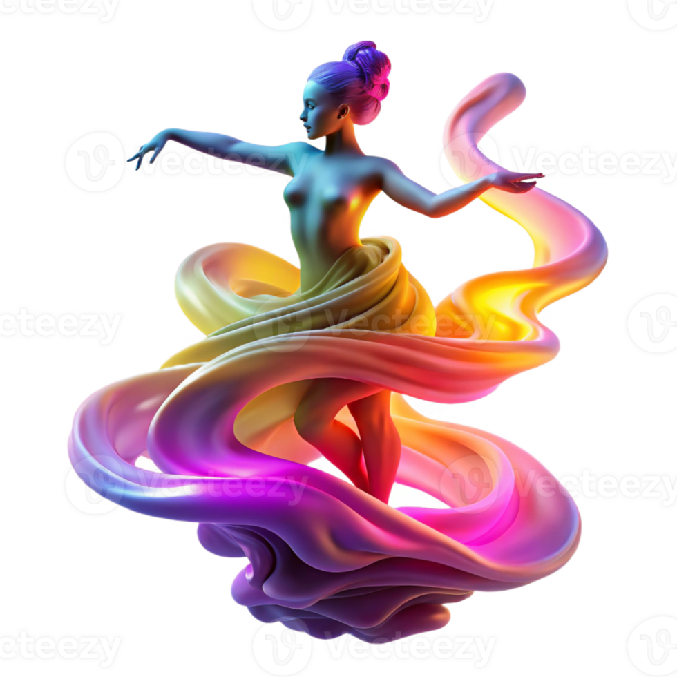 dramatic modern A swirling vortex of colorful smoke forming the silhouette of a dancing woman, illuminated by neon lights, in a vibrant, abstract art style premium png