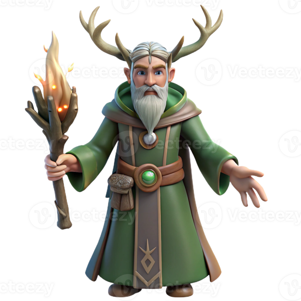 vibrant classic A wise druid with intricate tattoos and antler headdress, performing a ritual in a sacred grove. Soft, dappled forest lighting. Celtic mythology style high quality png