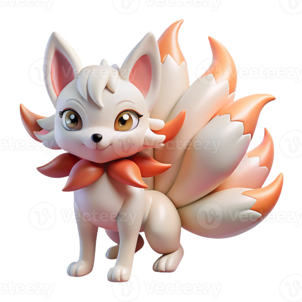 wonderful artistic A playful anime kitsune with multiple tails, each a different color, mischievous expression, soft, pastel lighting, in the style of a folklore anime original png