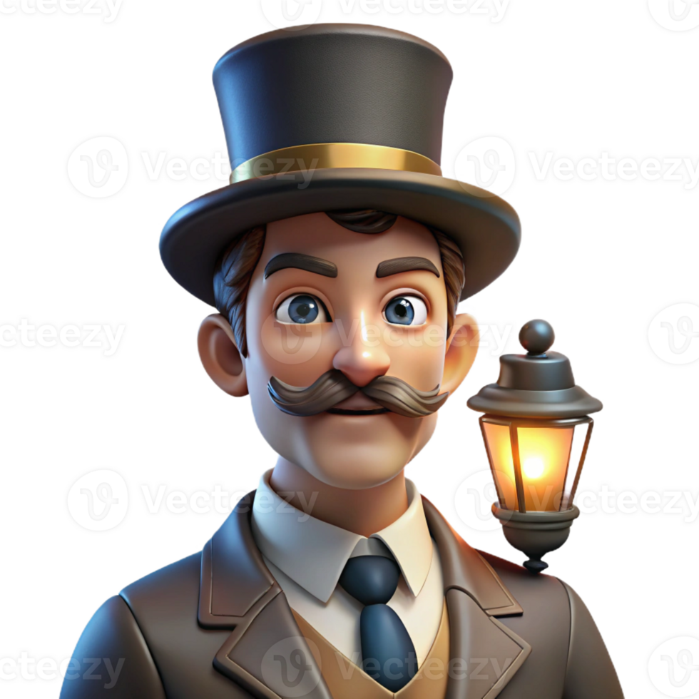 dramatic modern Portrait of a man with a handlebar mustache and top hat, lit by a gaslight, in a steampunk style high quality png
