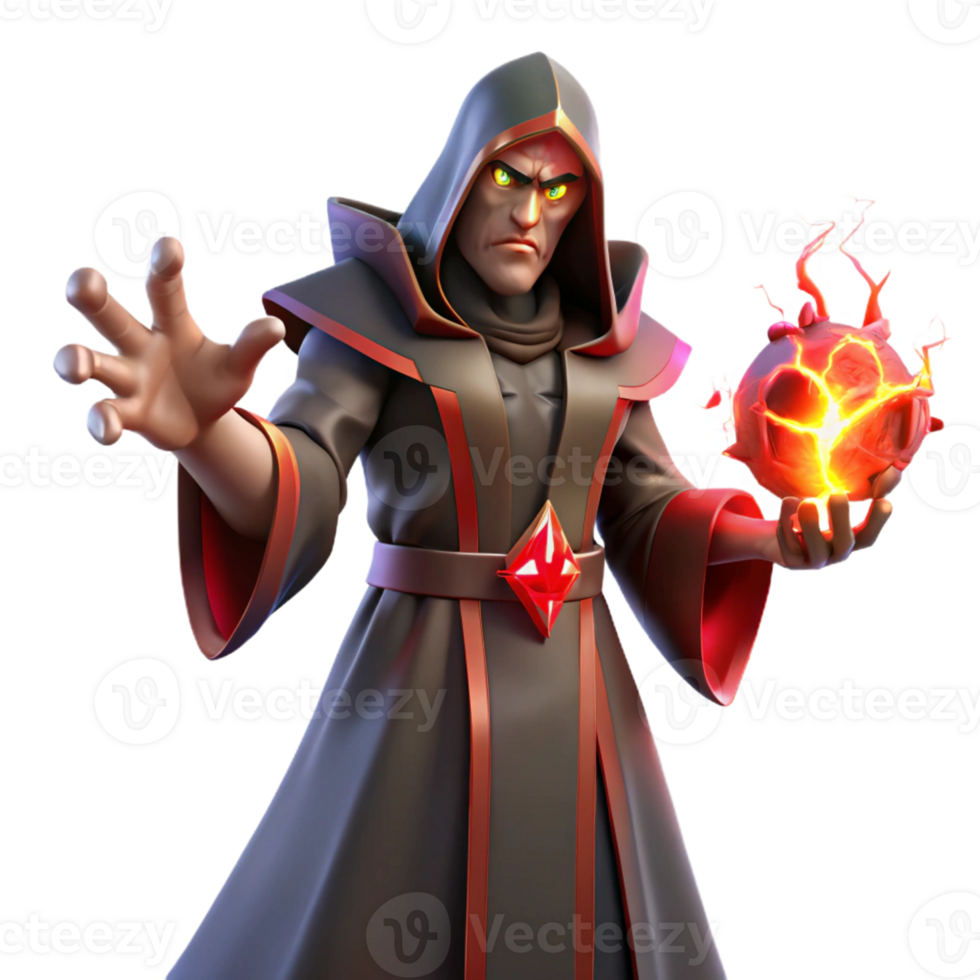elegant creative A powerful sorcerer with dark robes and glowing red eyes, casting a spell, surrounded by crackling energy, dramatic and intense lighting, digital painting style original png