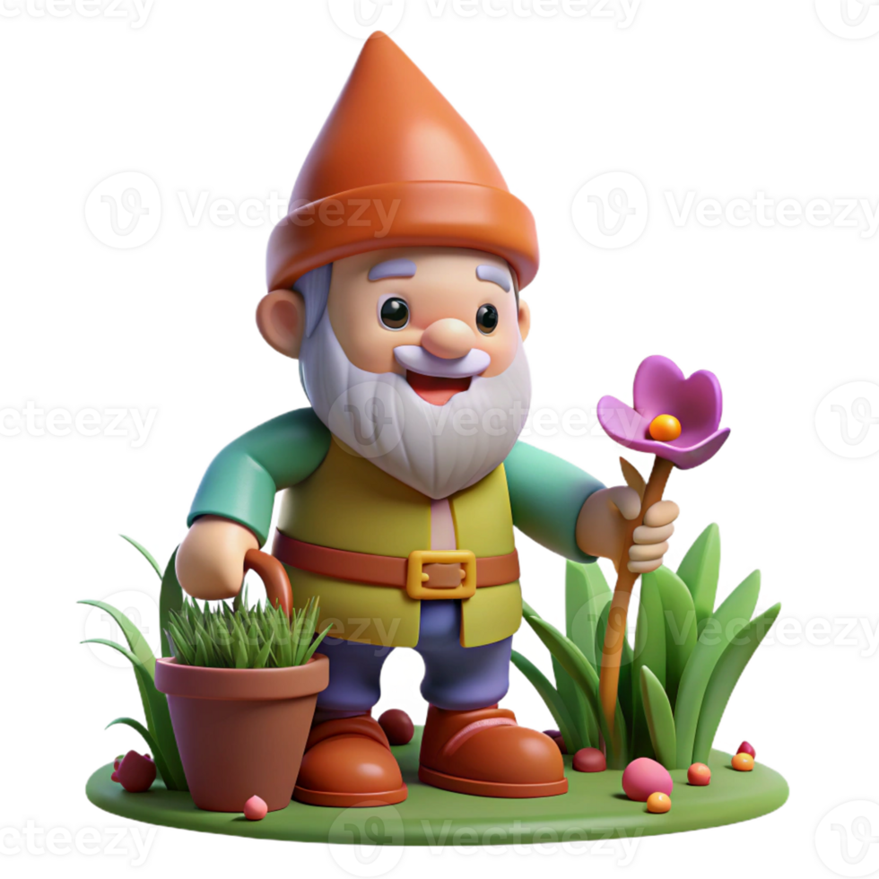 serene artistic A whimsical gnome with a pointed hat and a cheerful smile, tending to a magical garden. Digital painting, warm lighting original png