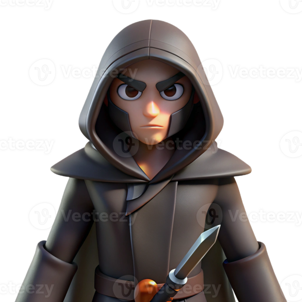 elegant artistic A cunning rogue with a hooded cloak and a pair of daggers, lurking in the shadows. Low-key, dramatic lighting. Noir style genuine png
