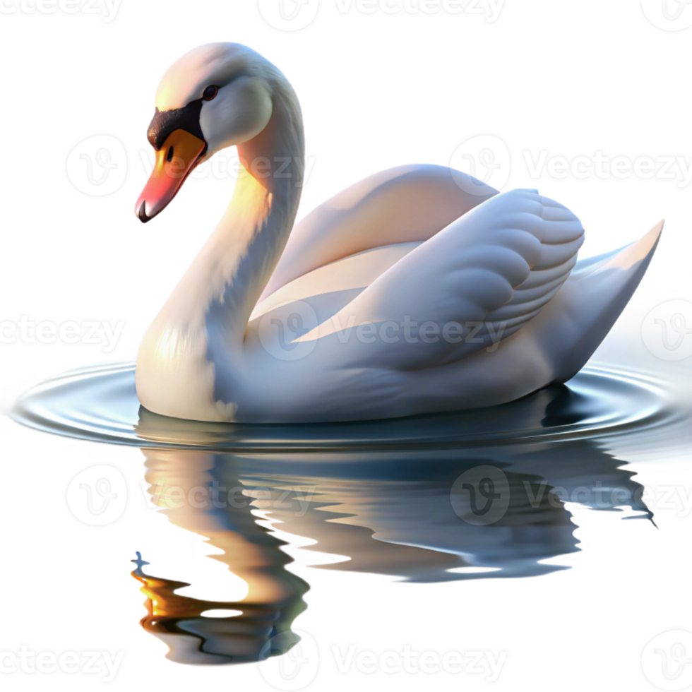 dramatic artistic A graceful swan gliding across a calm lake, its reflection shimmering in the water. Serene atmosphere and soft lighting. Nature photography style exclusive png