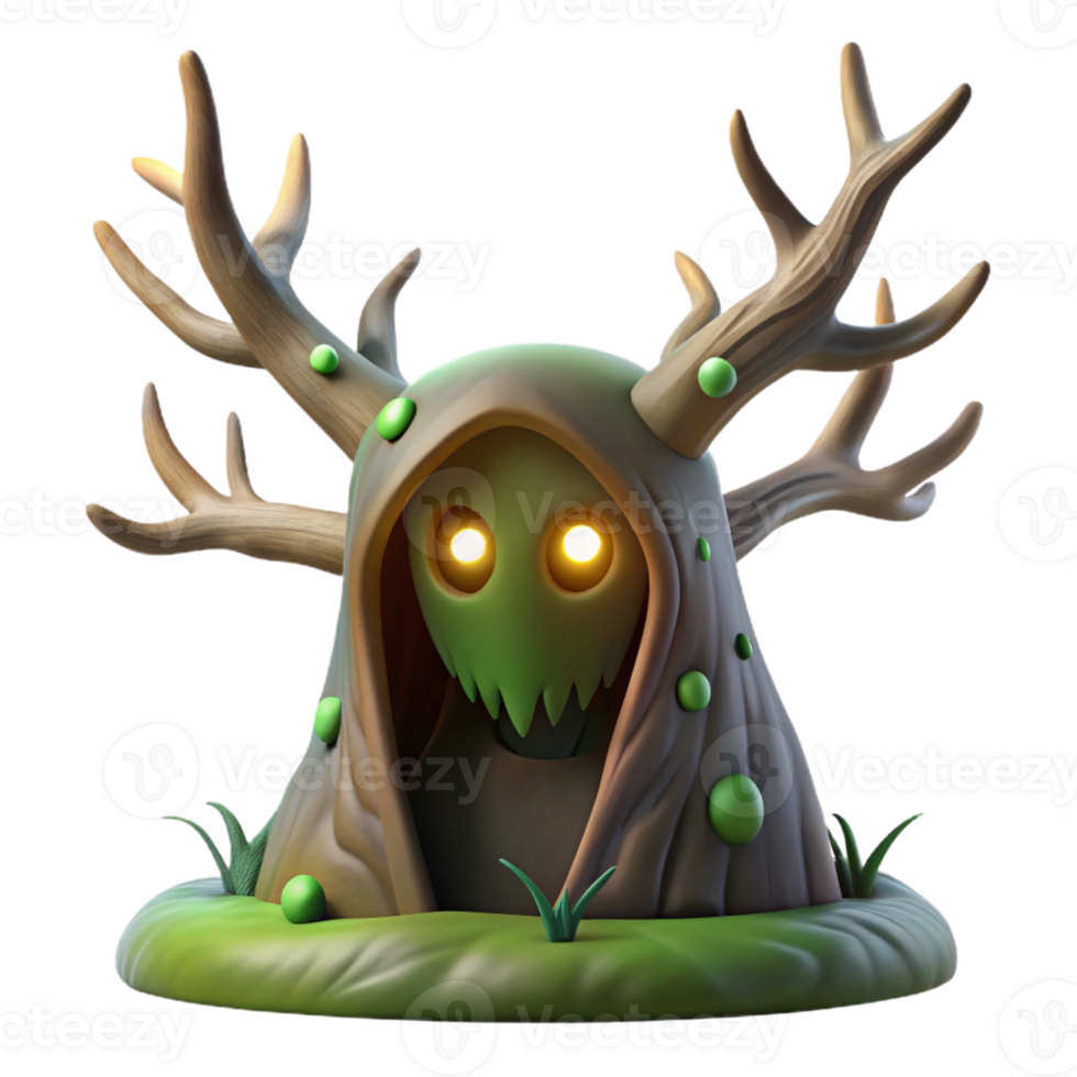 impressive contemporary A tranquil forest spirit with glowing eyes and antlers made of branches, emerging from a hollow tree. Mysterious, ethereal lighting. Surrealist style 4K png