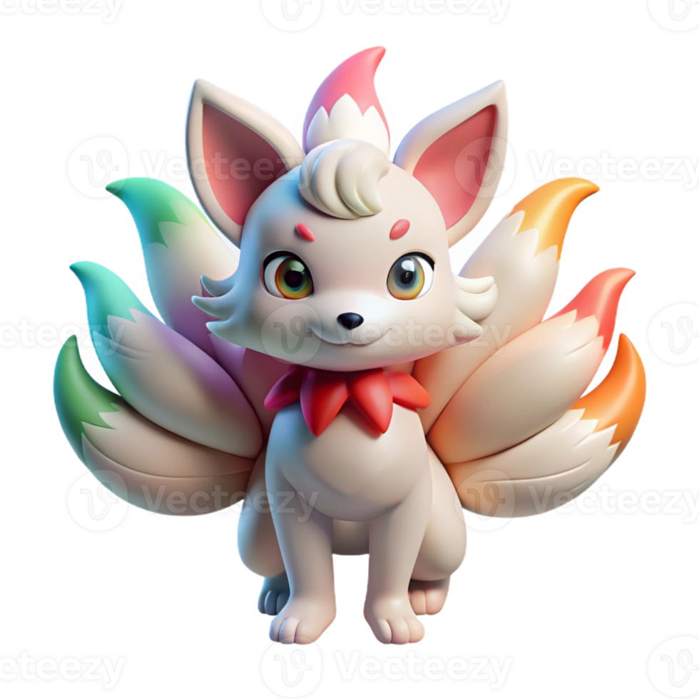 serene rustic A playful anime kitsune with multiple tails, each a different color, mischievous expression, soft, pastel lighting, in the style of a folklore anime genuine png