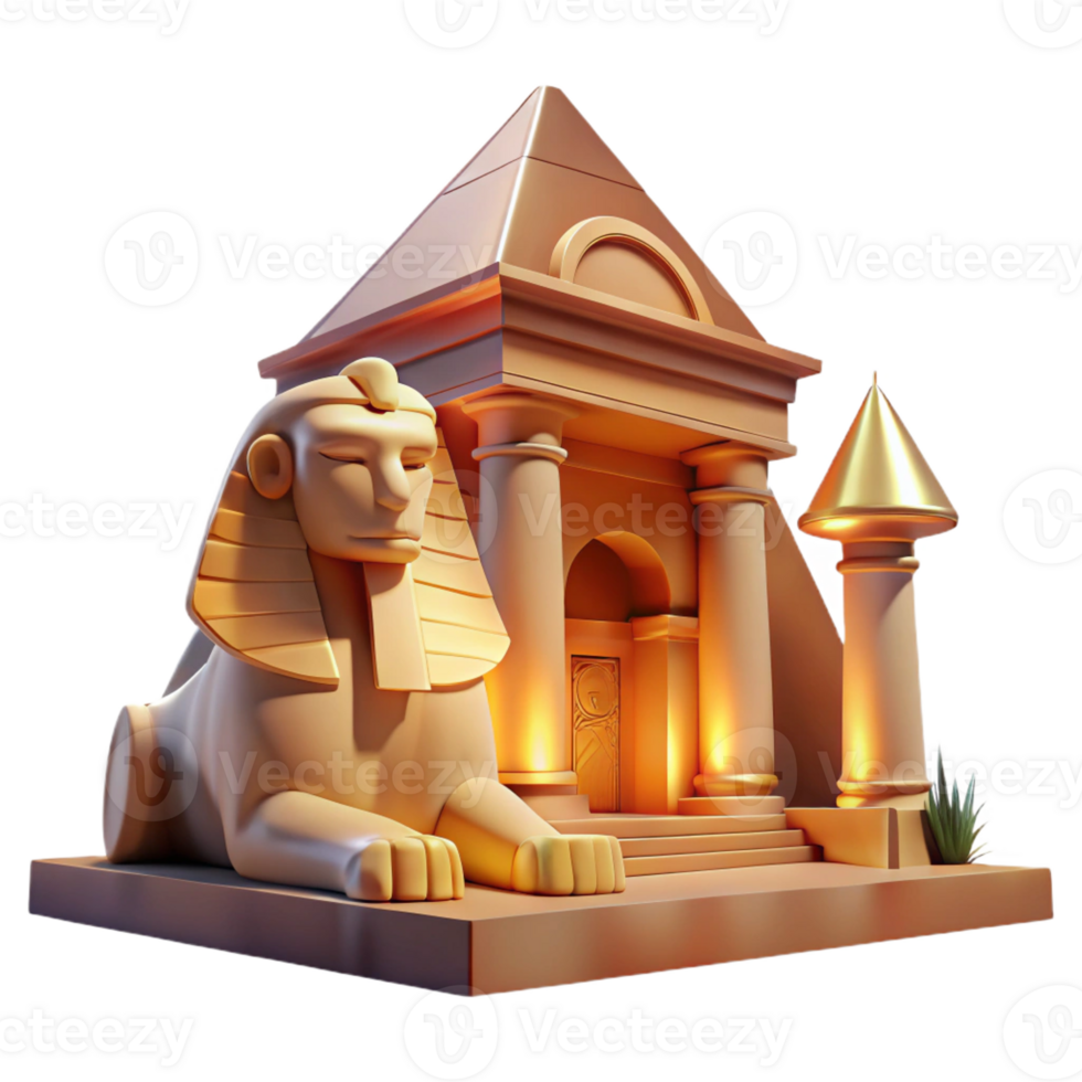 serene traditional A mysterious sphinx guarding an ancient temple, its gaze fixed on the horizon. Egyptian-inspired style, warm lighting detailed png