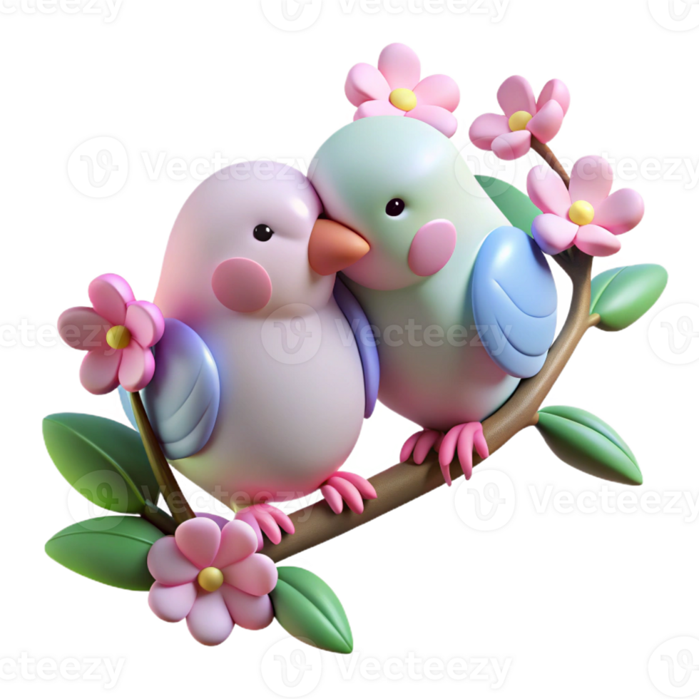 extraordinary contemporary A pair of lovebirds perched on a flowering branch, nuzzling each other affectionately, rendered in a soft, romantic style high quality png