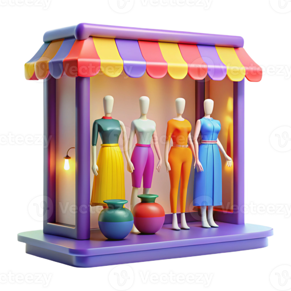 vibrant creative A brightly lit shop window displaying mannequins, consumerism theme, vibrant colors, pop art style exclusive png
