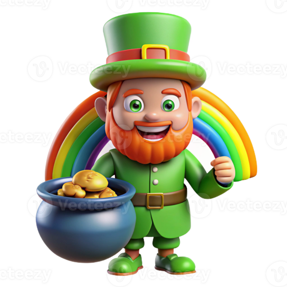 serene vintage A mischievous leprechaun guarding his pot of gold at the end of a rainbow. Vibrant, colorful lighting. Cartoon style detailed png