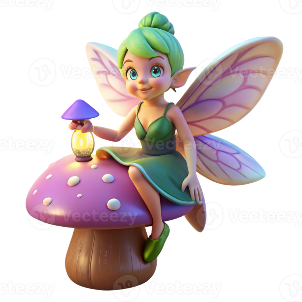 wonderful minimalist A mischievous pixie with iridescent wings, perched on a giant, bioluminescent mushroom, holding a tiny lantern. Soft, magical lighting. Dreamlike style premium png