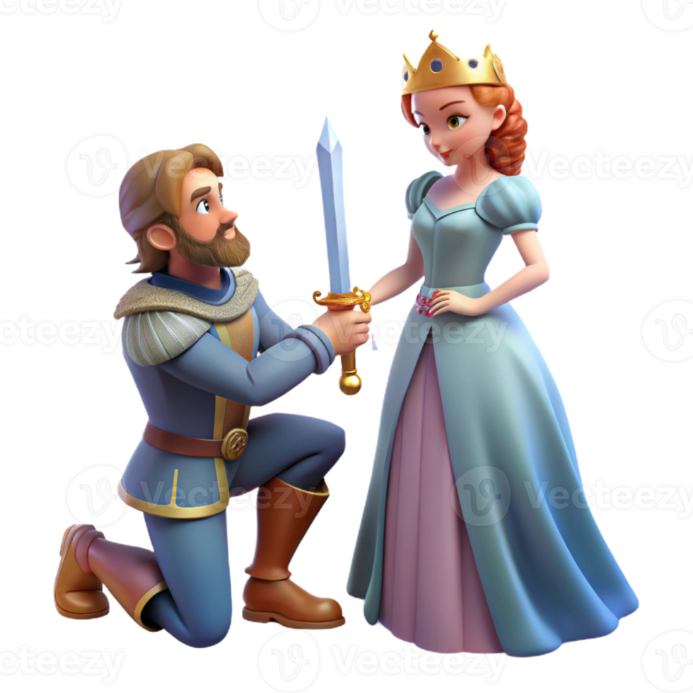 serene creative A brave knight kneeling before a beautiful princess, offering her a magical sword. Soft, romantic lighting. Medieval art style professional png