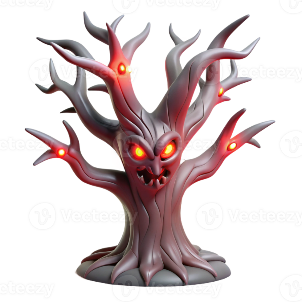 vibrant vintage A twisted, demonic tree with glowing eyes and sharp branches reaching towards the viewer. Lit by an ominous red glow, rendered in a horror art style professional png