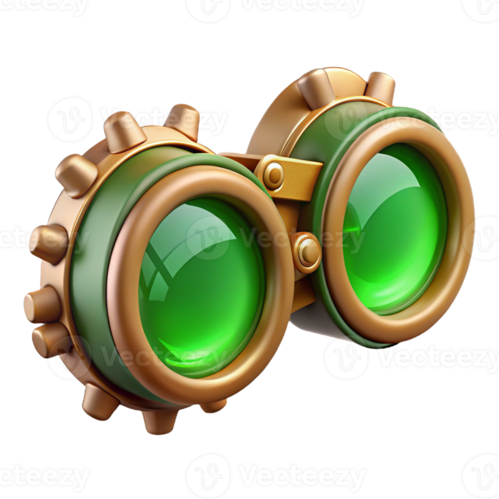 beautiful minimalist Steampunk goggles, intricate gears and lenses, tinted green, reflecting a desert landscape, bright sunlight, highly detailed, photorealistic professional png