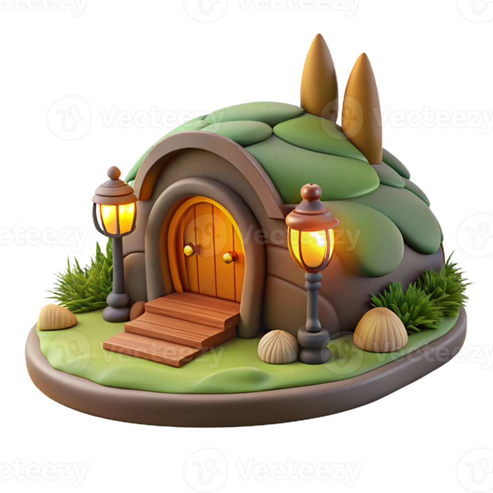 magnificent vintage A cozy hobbit hole nestled into a hillside, warm firelight from within, children's book illustration style high resolution png