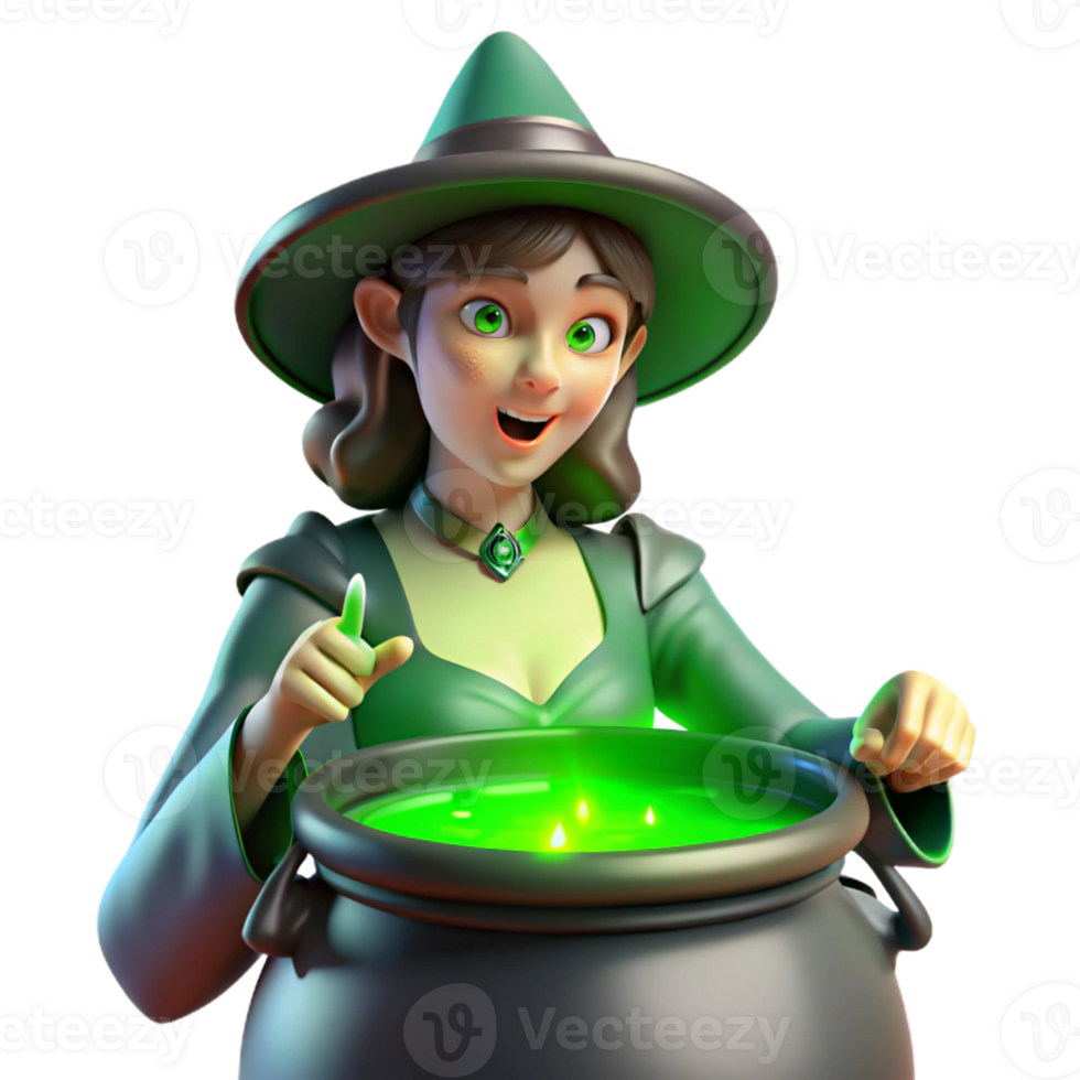 serene contemporary A powerful witch brewing a potion in a cauldron, her face illuminated by the green glow. Eerie, magical lighting. Gothic style authentic png