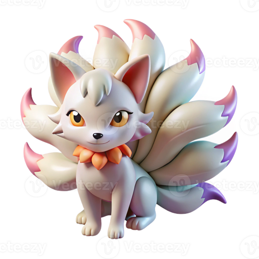 serene abstract A playful anime kitsune with multiple tails, each a different color, mischievous expression, soft, pastel lighting, in the style of a folklore anime professional png