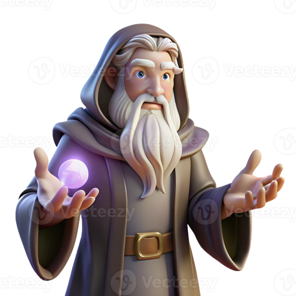 magnificent creative A wise old wizard with a long white beard and intricate robes, casting a spell with glowing runes floating around his hands. Rembrandt lighting. Baroque style original png