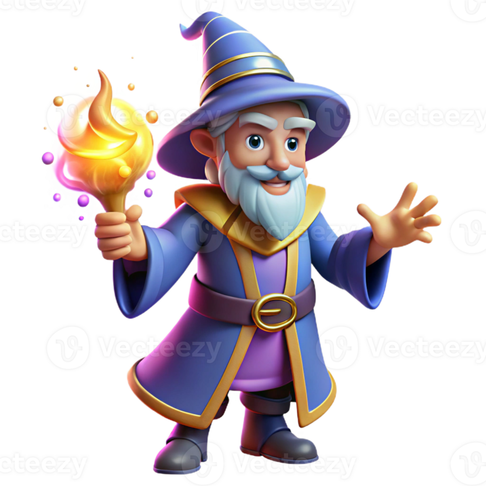 elegant creative A cartoon wizard casting a spell, surrounded by magical energy, vibrant and dynamic lighting emphasizing the magical effects, illustrated in a fantastical cartoon style high quality png