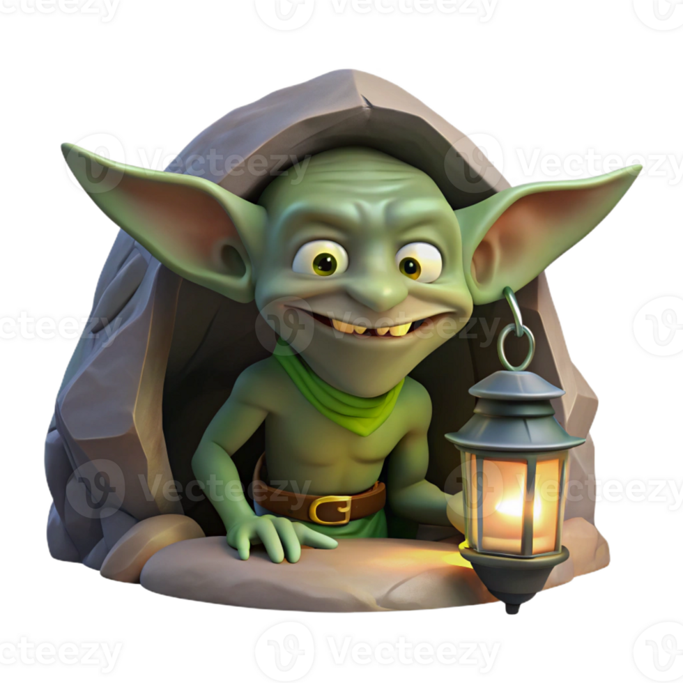 beautiful vintage A cunning goblin with pointed ears and a mischievous grin, hiding in a dark cave, illuminated by the dim light of a lantern. Dark fantasy style authentic png