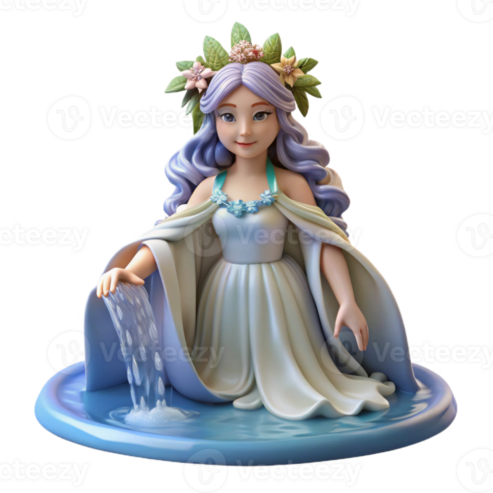 serene creative A beautiful nymph with flowing robes and a flower crown, bathing in a waterfall. Art Nouveau style, soft lighting 4K png