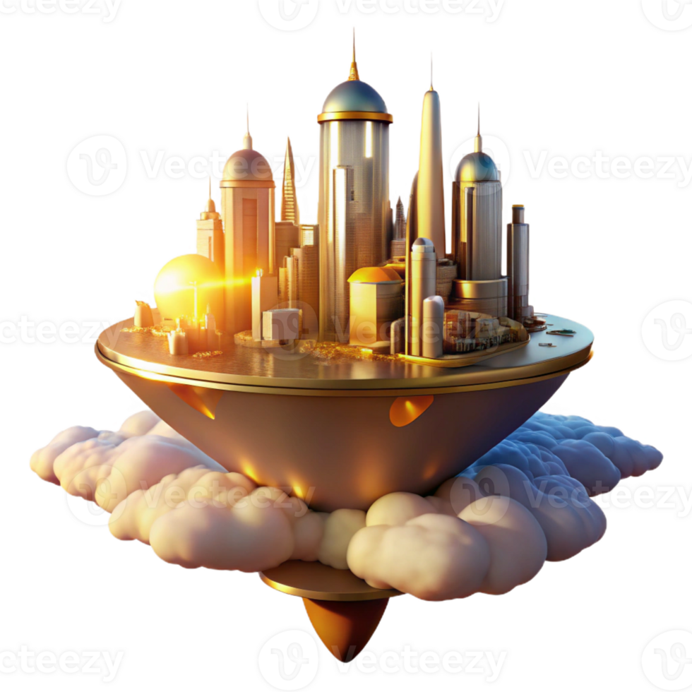 beautiful creative A futuristic city floating among the clouds, illuminated by the warm, golden light of a setting sun. Utopian style detailed png
