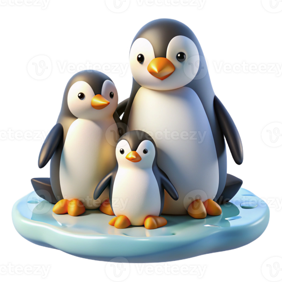 impressive minimalist A family of penguins huddled together on the ice, illuminated by soft daylight, in a charming, realistic style premium png