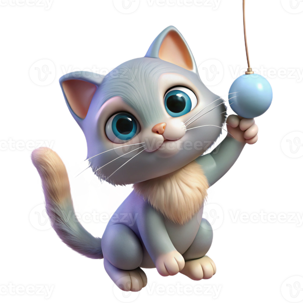 beautiful contemporary A playful kitten batting at a dangling string, its fur fluffy and soft, depicted in a charming, whimsical style 4K png