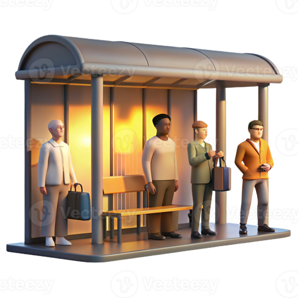 beautiful modern A hyperrealistic portrait of a diverse group of urban commuters waiting at a bus stop at dawn, soft golden light, photorealistic style detailed png