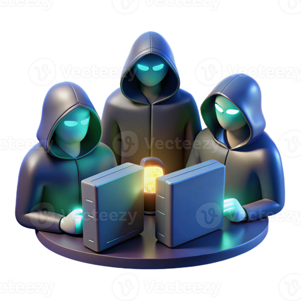 magnificent traditional A group of hackers huddled around a glowing console, working to breach a secure network, in a dark, cinematic style high resolution png