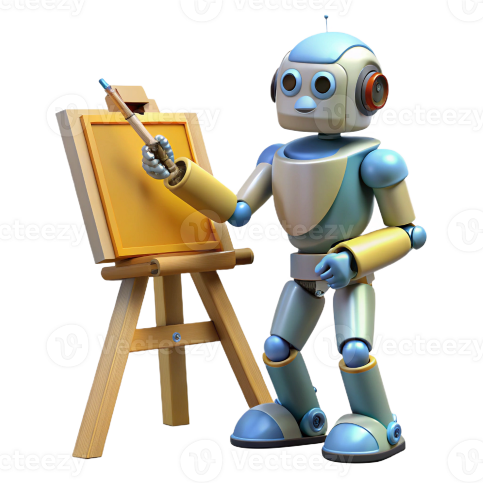 wonderful contemporary A robotic artist creating a painting using intricate brushstrokes, illuminated by soft, natural light. Photorealistic style detailed png