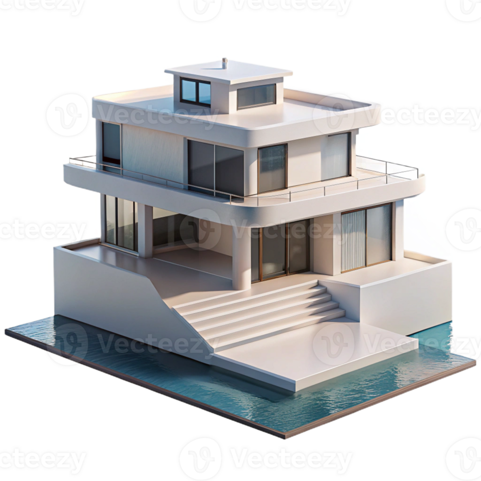 dramatic classic Modernist house, minimalist white concrete structure, panoramic ocean view, clear midday lighting, highly detailed, Bauhaus style premium png