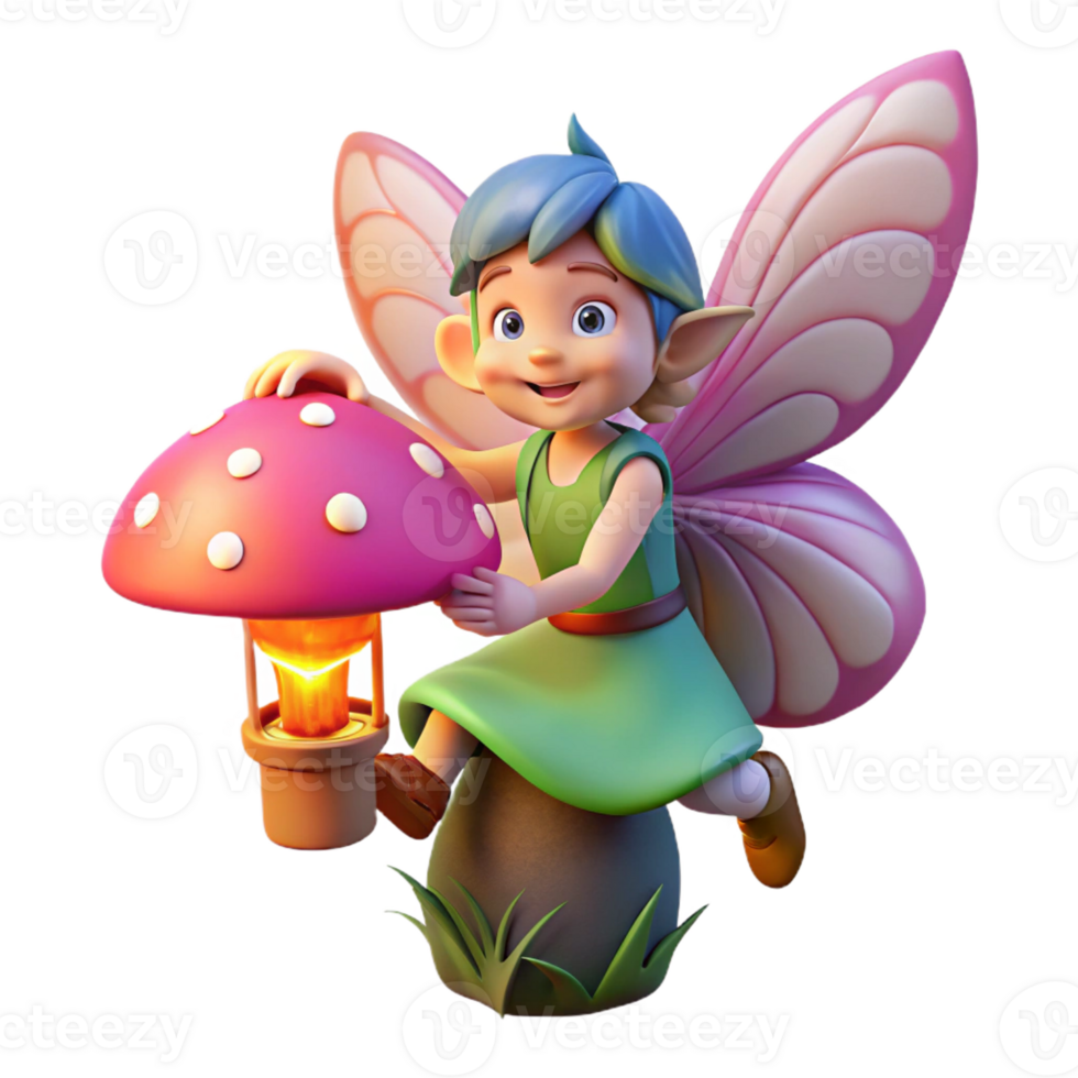 serene classic A mischievous pixie with iridescent wings, perched on a giant, glowing mushroom, holding a tiny lantern. Warm, whimsical lighting. Children's book illustration style genuine png