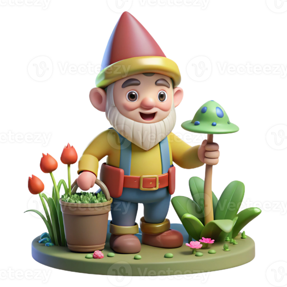 stunning modern A whimsical gnome with a pointed hat and a cheerful smile, tending to a magical garden. Warm, inviting lighting. Children's book illustration style high quality png