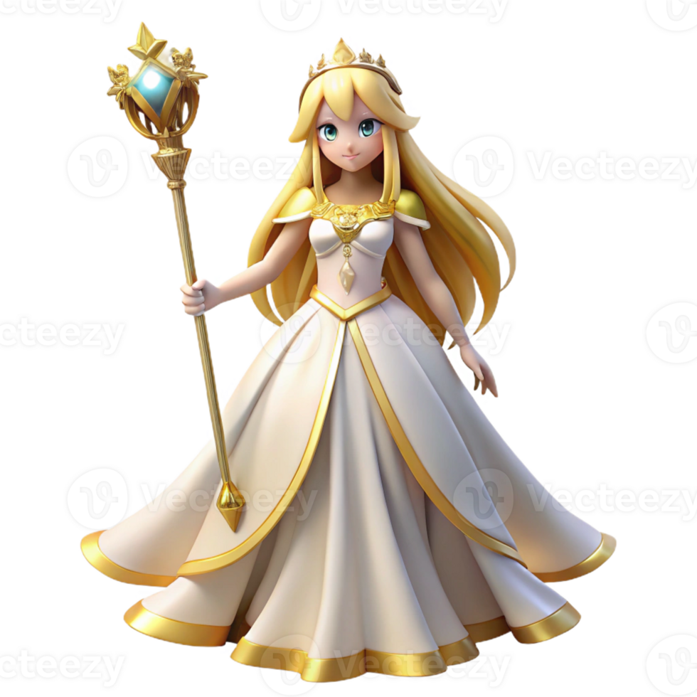 stunning minimalist An elegant anime princess with long golden hair and a flowing white gown, holding a scepter, regal lighting with soft glow, in the style of a fairytale anime premium png