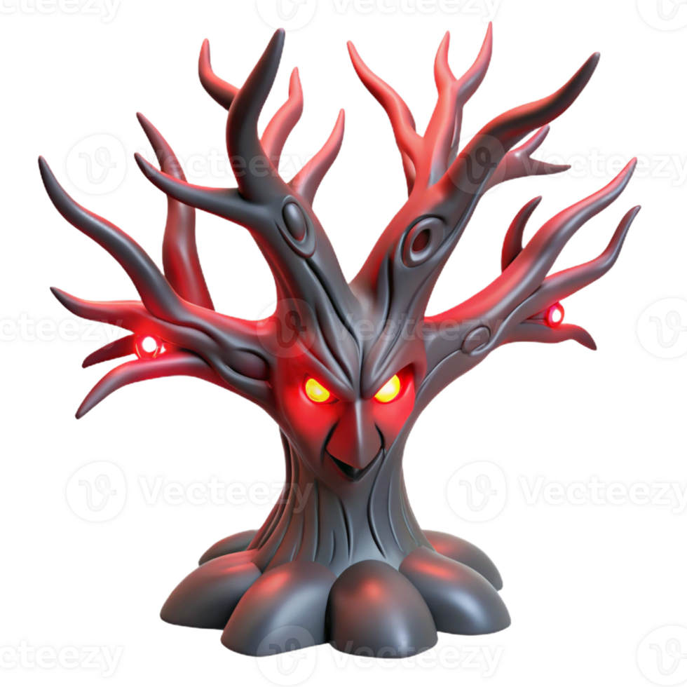 dramatic minimalist A twisted, demonic tree with glowing eyes and sharp branches reaching towards the viewer. Lit by an ominous red glow, rendered in a horror art style 4K png
