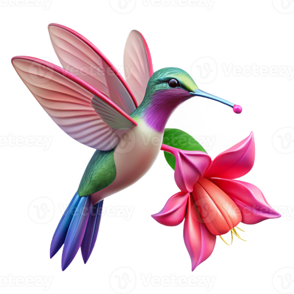 serene minimalist A hummingbird hovering near a vibrant fuchsia flower, wings blurred in motion, soft focus, Impressionist style genuine png