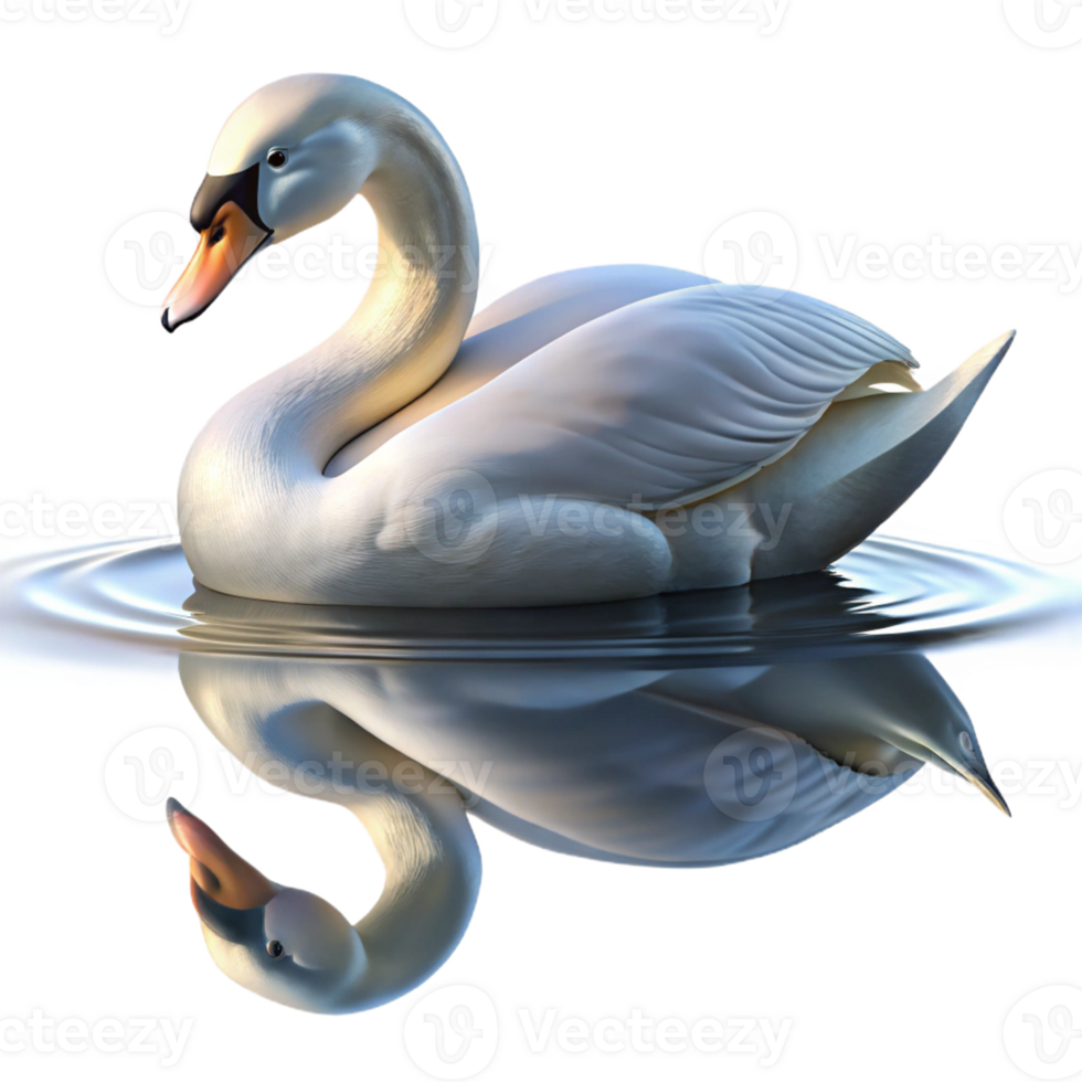 elegant classic A graceful swan gliding across a calm lake, its reflection shimmering in the water. Serene atmosphere and soft lighting. Nature photography style high quality png