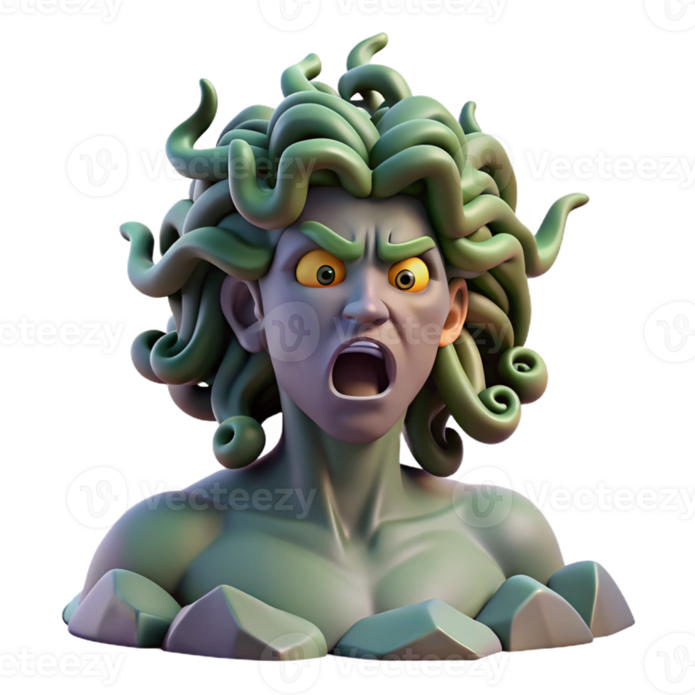 vibrant minimalist A fearsome gorgon, its gaze turning onlookers to stone, standing in a desolate landscape. Harsh, dramatic lighting. Greek mythology style professional png