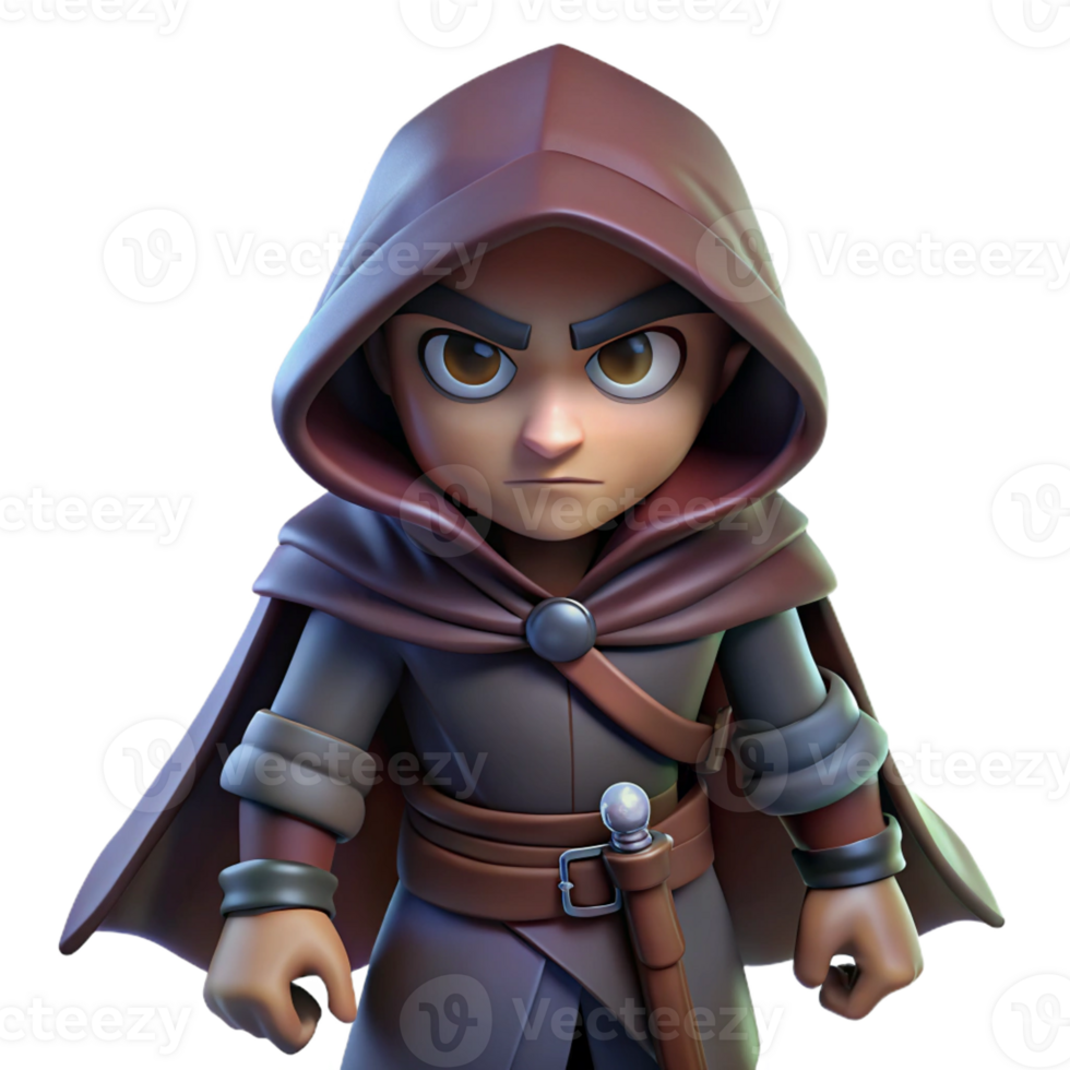 magnificent abstract A cunning rogue with a hooded cloak and twin daggers sneaks through a shadowy alleyway. Low-key lighting. Graphic novel style high quality png