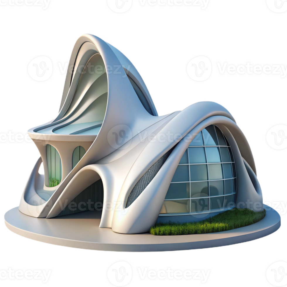 dramatic rustic Zaha Hadid inspired building, futuristic curves, fluid forms, dynamic lighting, parametric style exclusive png
