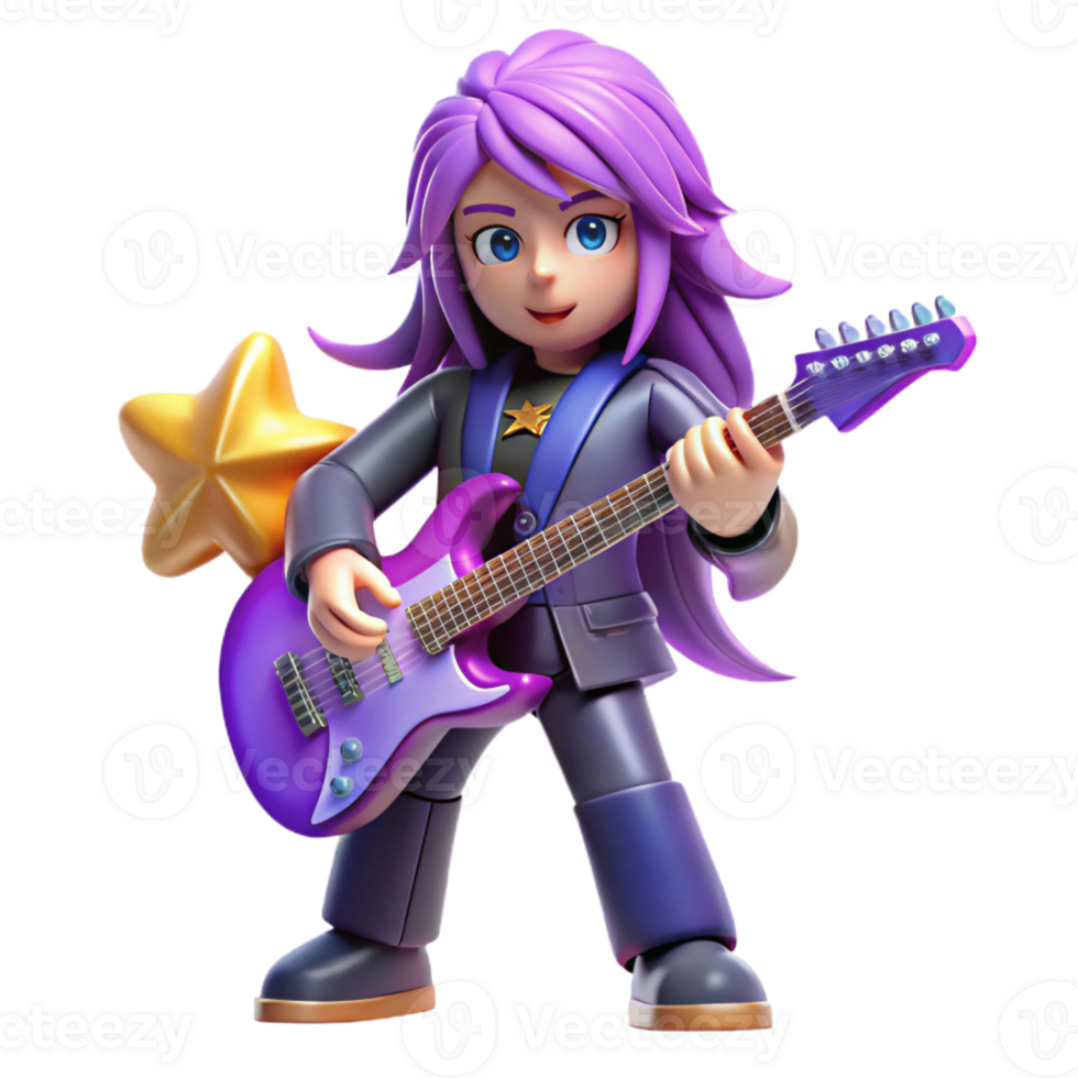 dramatic creative A charismatic anime rock star with long purple hair, playing an electric guitar, concert lighting with spotlights and lasers, in the style of a music anime exclusive png